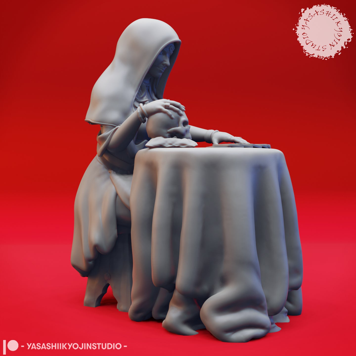 Three-quarter side view digital render of the Fortune Teller miniature showing her leaning forward over the table, fingers curled around the skull prop. Hood falls dramatically around her face. Flowing robes visible from this angle with strong fabric fold detail.