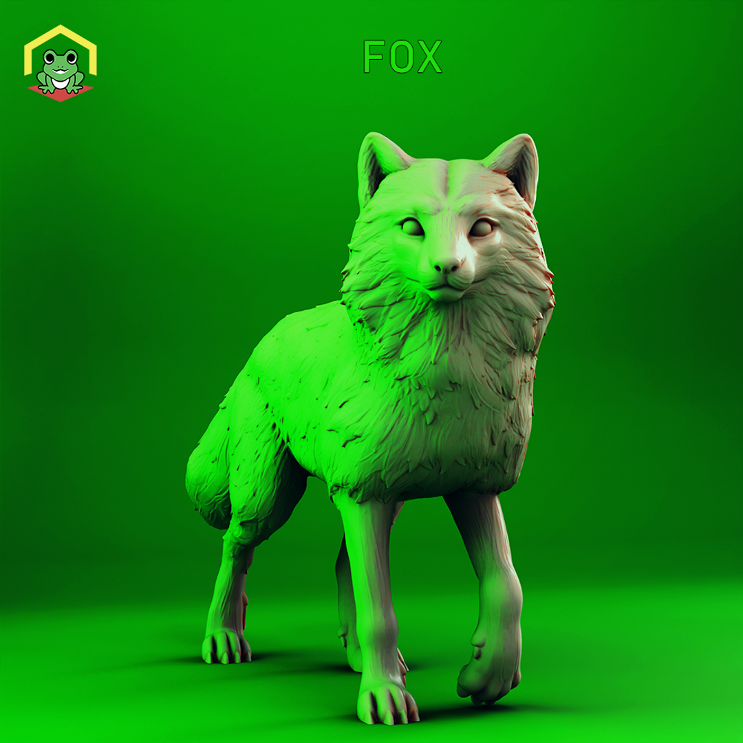 Digital render of a fox miniature by The Toadstool Weaver, shown unpainted in grey resin. The fox is posed mid-stride with one front paw raised, head alert, ears pricked. Dense fur texture is visible across the ruff, flanks, and bushy tail. Green studio backdrop. 32mm scale tabletop miniature.