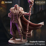 Frederik Vahlen Professor of Progress 32mm resin miniature by DM Stash — front view showing unpainted grey resin sculpt of a broad-shouldered male human wizard in a long ornate coat with fur-collared mantle, rope-trimmed detail, and a twisted arcane staff with a crescent-horned finial, cloak billowing behind him, on an integrated cracked stone base