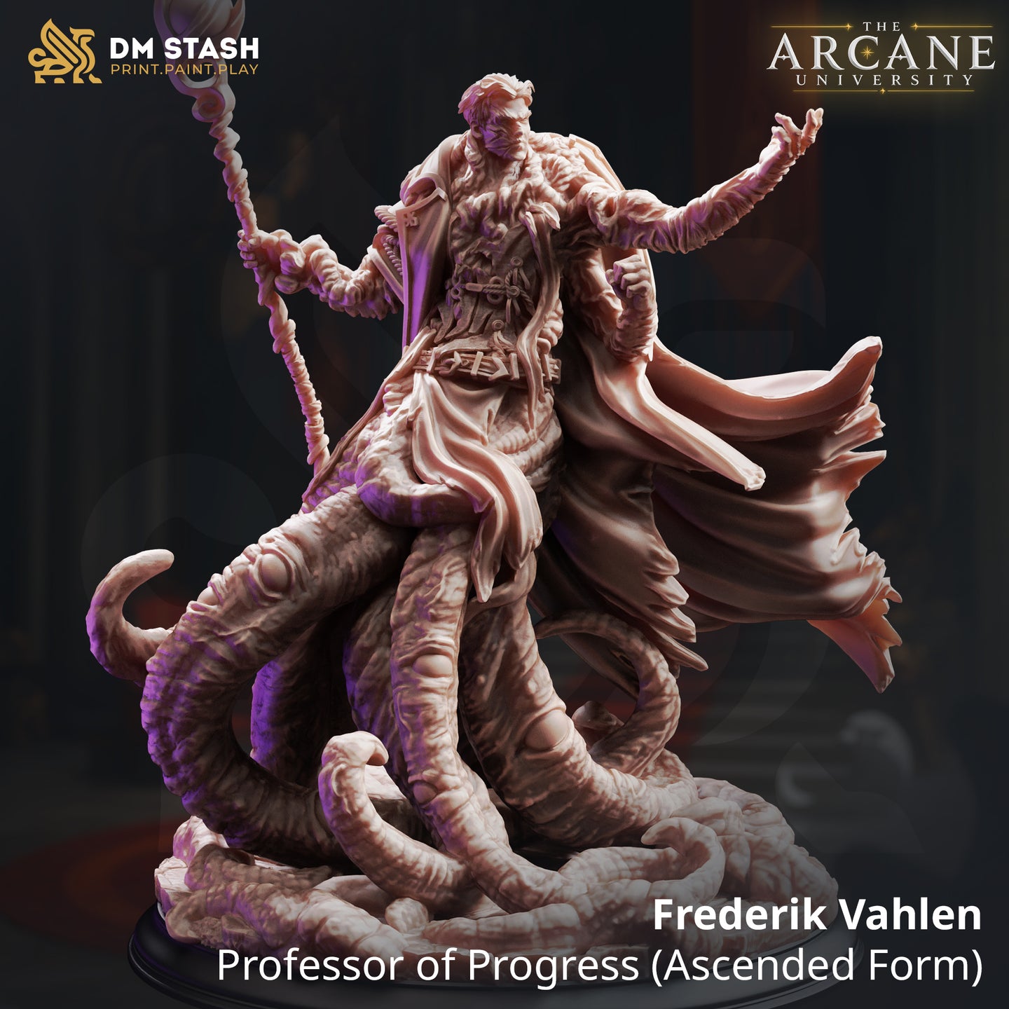 Frederik Vahlen Ascended Form miniature by DM Stash — front view showing a robed male figure rising from a mass of coiling tentacles, staff raised in one hand and the other arm outstretched, unpainted pink resin, 32mm scale