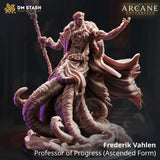 Frederik Vahlen Ascended Form miniature by DM Stash — front view showing a robed male figure rising from a mass of coiling tentacles, staff raised in one hand and the other arm outstretched, unpainted pink resin, 32mm scale