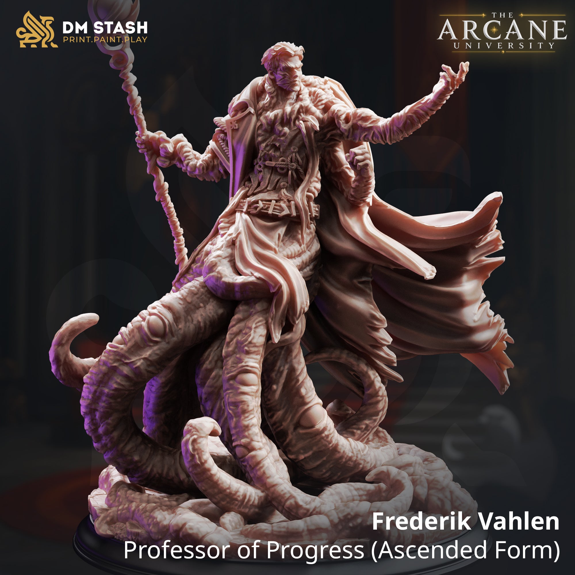 Frederik Vahlen Ascended Form miniature by DM Stash — front view showing a robed male figure rising from a mass of coiling tentacles, staff raised in one hand and the other arm outstretched, unpainted pink resin, 32mm scale