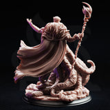 Frederik Vahlen Ascended Form miniature by DM Stash — rear three-quarter view showing the dramatic billowing cloak, ornate crescent-topped staff, and tentacle-covered base, unpainted pink resin, 32mm scale