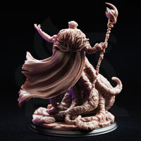 Frederik Vahlen Ascended Form miniature by DM Stash — rear three-quarter view showing the dramatic billowing cloak, ornate crescent-topped staff, and tentacle-covered base, unpainted pink resin, 32mm scale