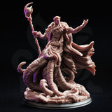 Frederik Vahlen Ascended Form miniature by DM Stash — front three-quarter view showing coat detail, belt and fastenings, outstretched hand, and the full writhing tentacle base, unpainted pink resin, 32mm scale