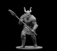 Unpainted grey resin render of a Male Frost Giant miniature at 32mm scale, wearing layered scale armour and a horned helm, holding a poleaxe in a wide two-handed combat stance, with a bearded face and alert expression, mounted on a round base