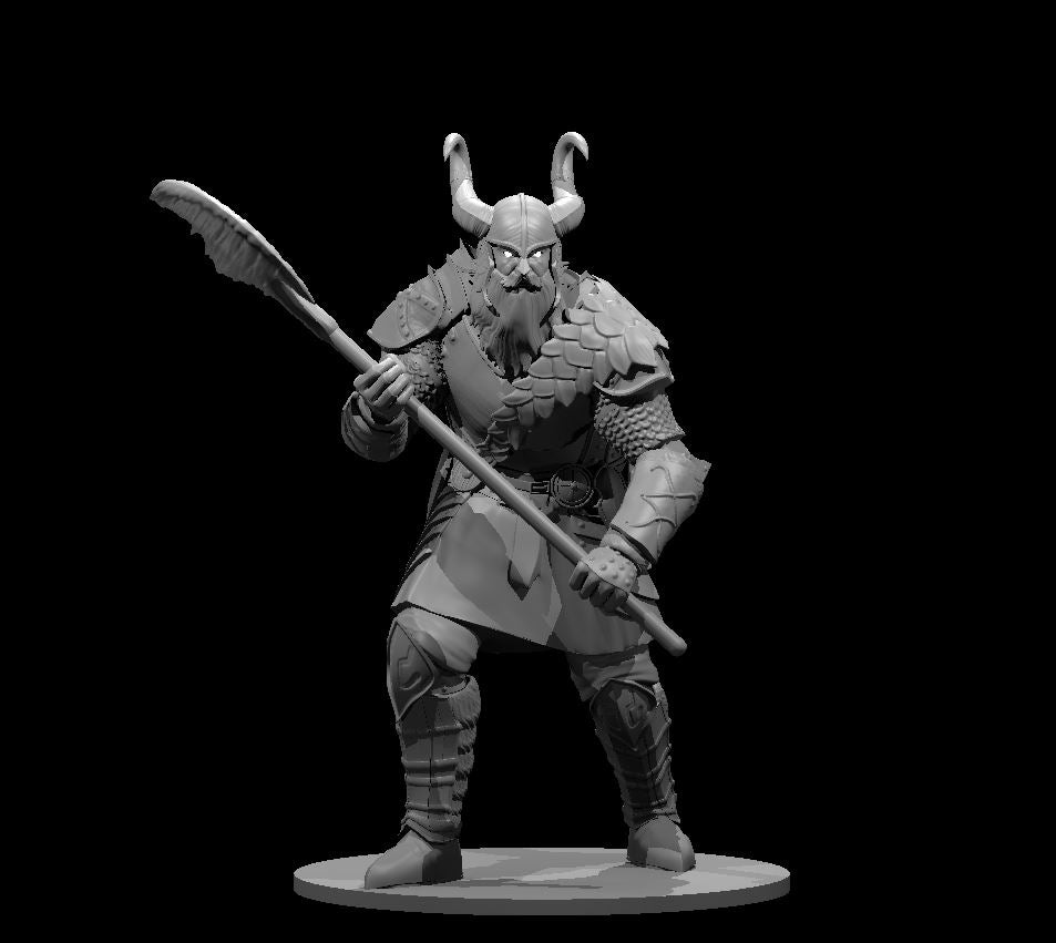 Unpainted grey resin render of a Male Frost Giant miniature at 32mm scale, wearing layered scale armour and a horned helm, holding a poleaxe in a wide two-handed combat stance, with a bearded face and alert expression, mounted on a round base