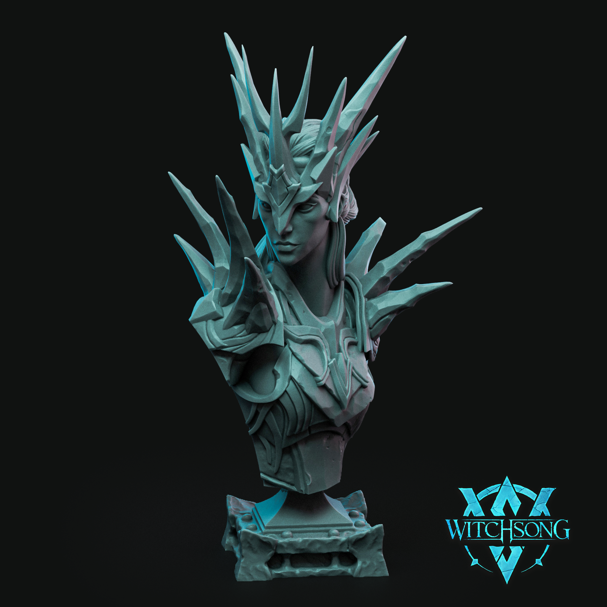 Digital render of the Frost Queen Bust by Witchsong Miniatures — an unpainted grey resin display bust of an imperious female ice queen wearing geometric shard armour and a dramatic crown of jagged crystal spikes, one gauntleted hand raised at the chest, mounted on a textured stone plinth base, shown against a black background