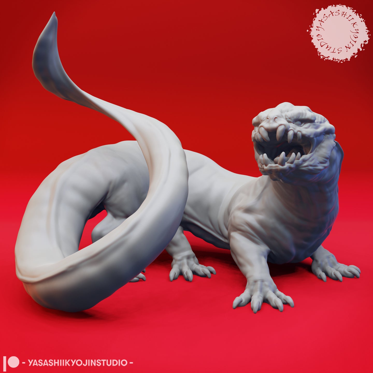 Digital render of an unpainted grey Frost Salamander miniature in a low prowling pose, body coiled with tail raised high, jaws open wide showing multiple fangs, six clawed limbs visible, on a red background — sculpted by Yasashii Kyojin Studio