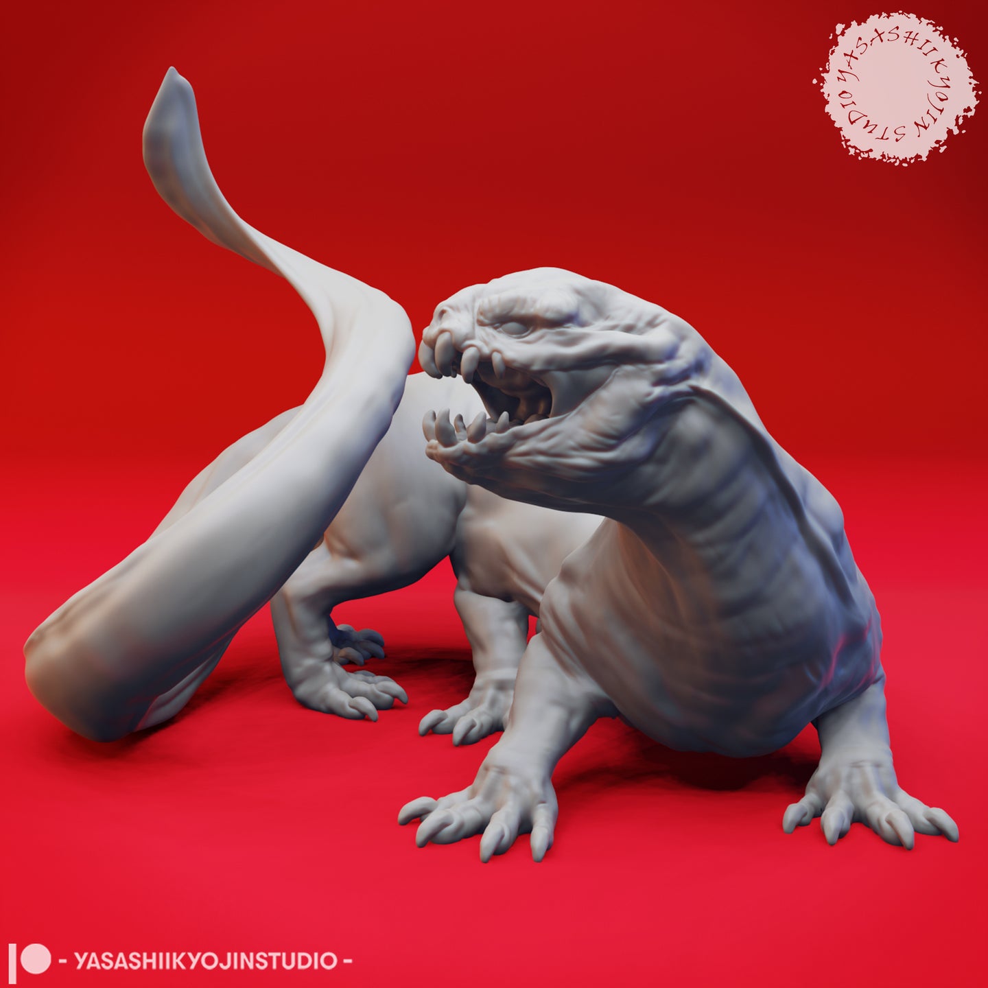 Digital render of an unpainted grey Frost Salamander miniature rearing upright on its hind legs with forelimbs spread and jaws agape, tail sweeping behind it, chest and belly detail clearly visible, on a red background — sculpted by Yasashii Kyojin Studio