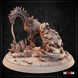 Fruit Drake miniature by Mia Kay M3DM — a long-necked draconic creature arching over a rocky scenic base, its body overgrown with leaves, vines, and swollen bulbous fruit clusters, surrounded by sculpted fungi and scrub.