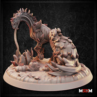 Fruit Drake miniature by Mia Kay M3DM — a long-necked draconic creature arching over a rocky scenic base, its body overgrown with leaves, vines, and swollen bulbous fruit clusters, surrounded by sculpted fungi and scrub.