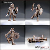 Four close-up renders of the same fallen goblin sculpt by Novaminis: standing with sword and shield lowered, mid-stride with shield raised, lunging with sword and shield, and lying flat on the ground in armour.