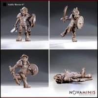 Four close-up renders of the same fallen goblin sculpt by Novaminis: standing with sword and shield lowered, mid-stride with shield raised, lunging with sword and shield, and lying flat on the ground in armour.
