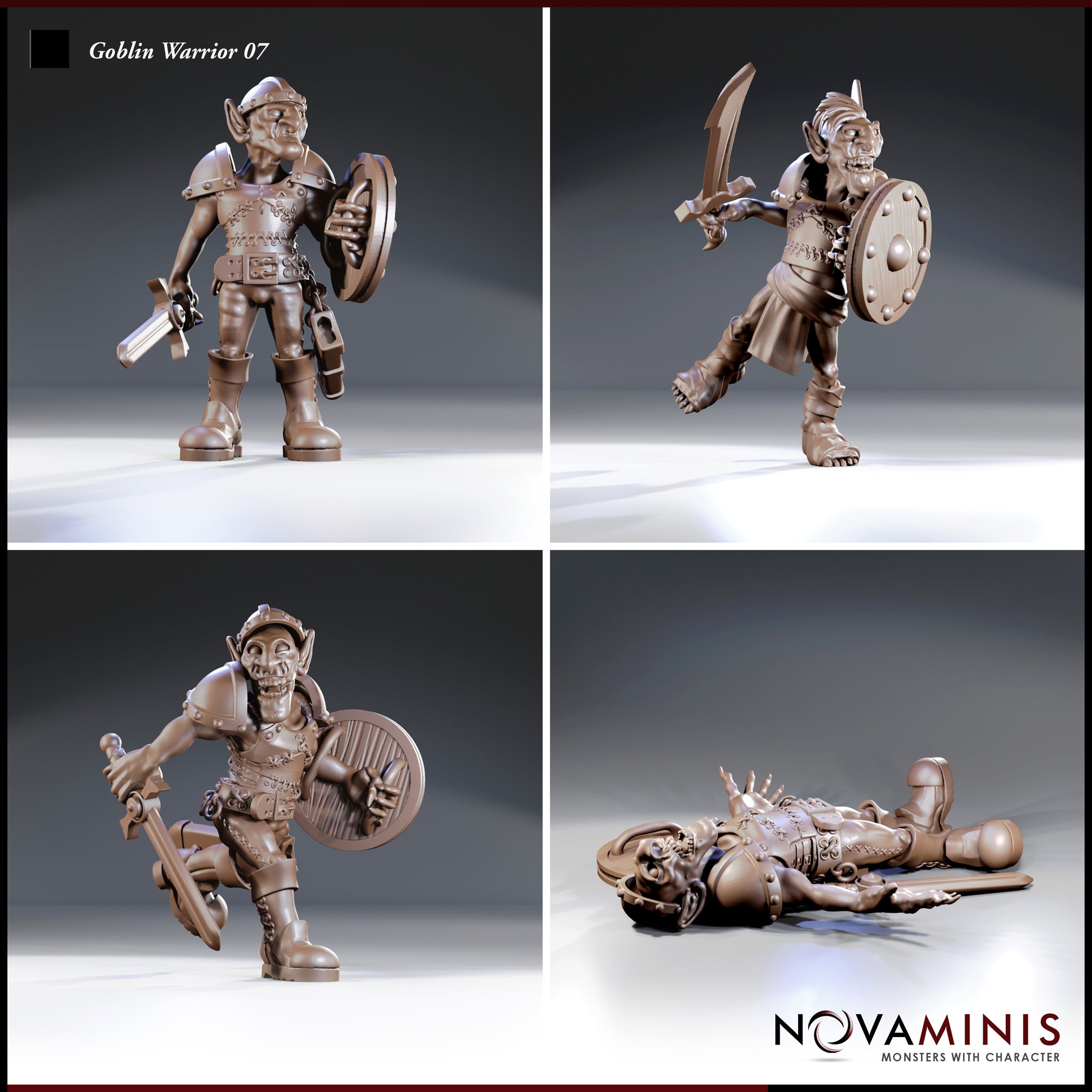 Four close-up renders of the same fallen goblin sculpt by Novaminis: standing with sword and shield lowered, mid-stride with shield raised, lunging with sword and shield, and lying flat on the ground in armour.