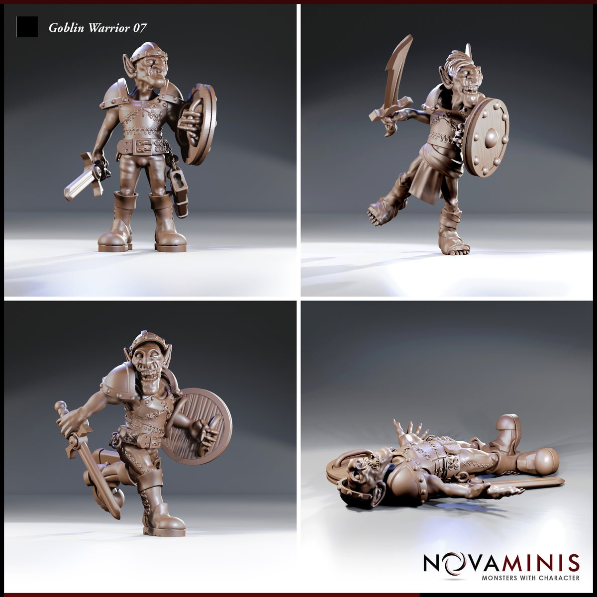 Four views of goblin warrior sculpts by Novaminis — shield-and-sword poses with gap-toothed expressions, chain and studded armour, and a prone fallen goblin in full gear.