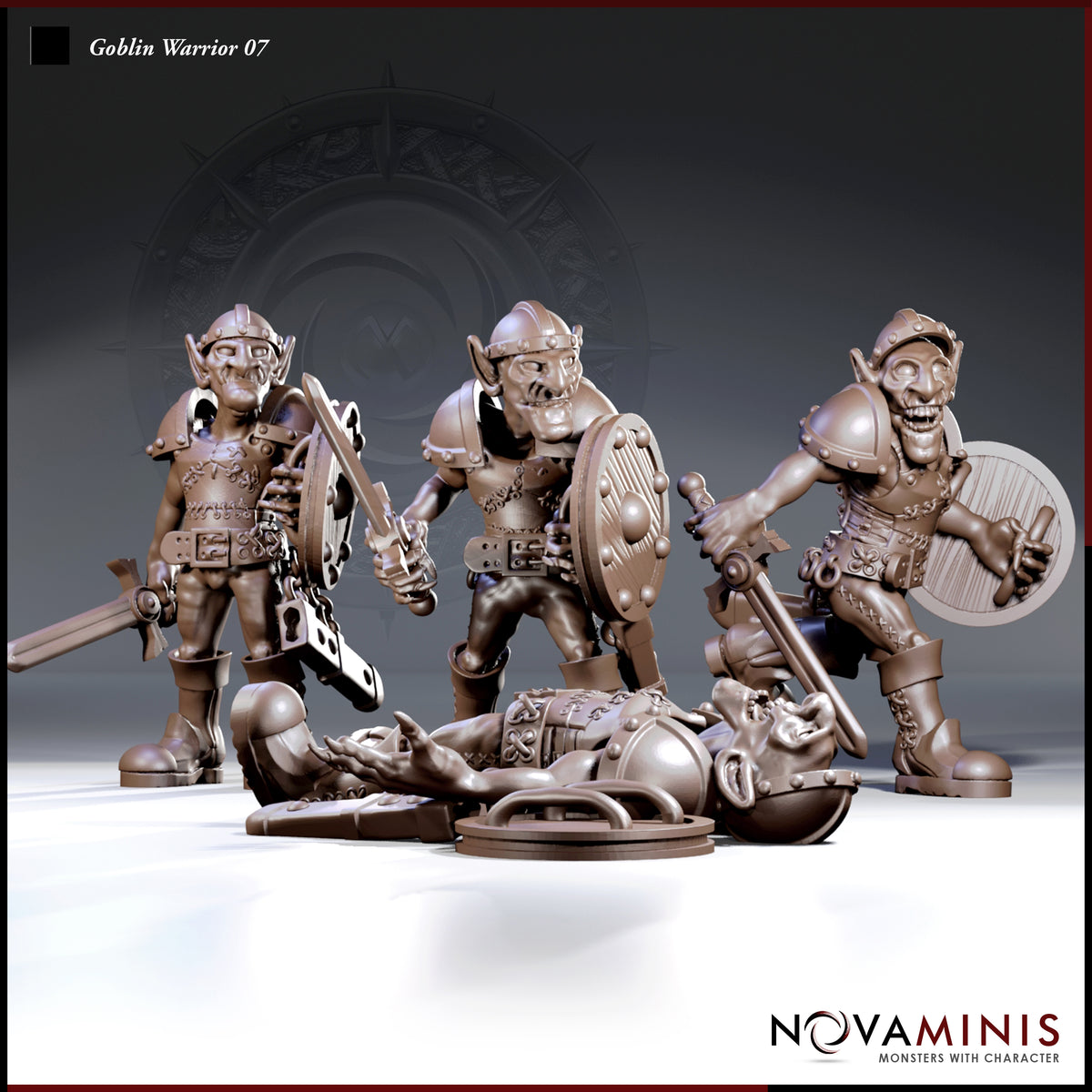 Three goblin warrior miniatures in scrap armour — one standing with sword and shield, one advancing with shield raised, one crouching with mace and round shield. A fallen goblin figure lies prone on the ground between them. Sculpts by Novaminis.