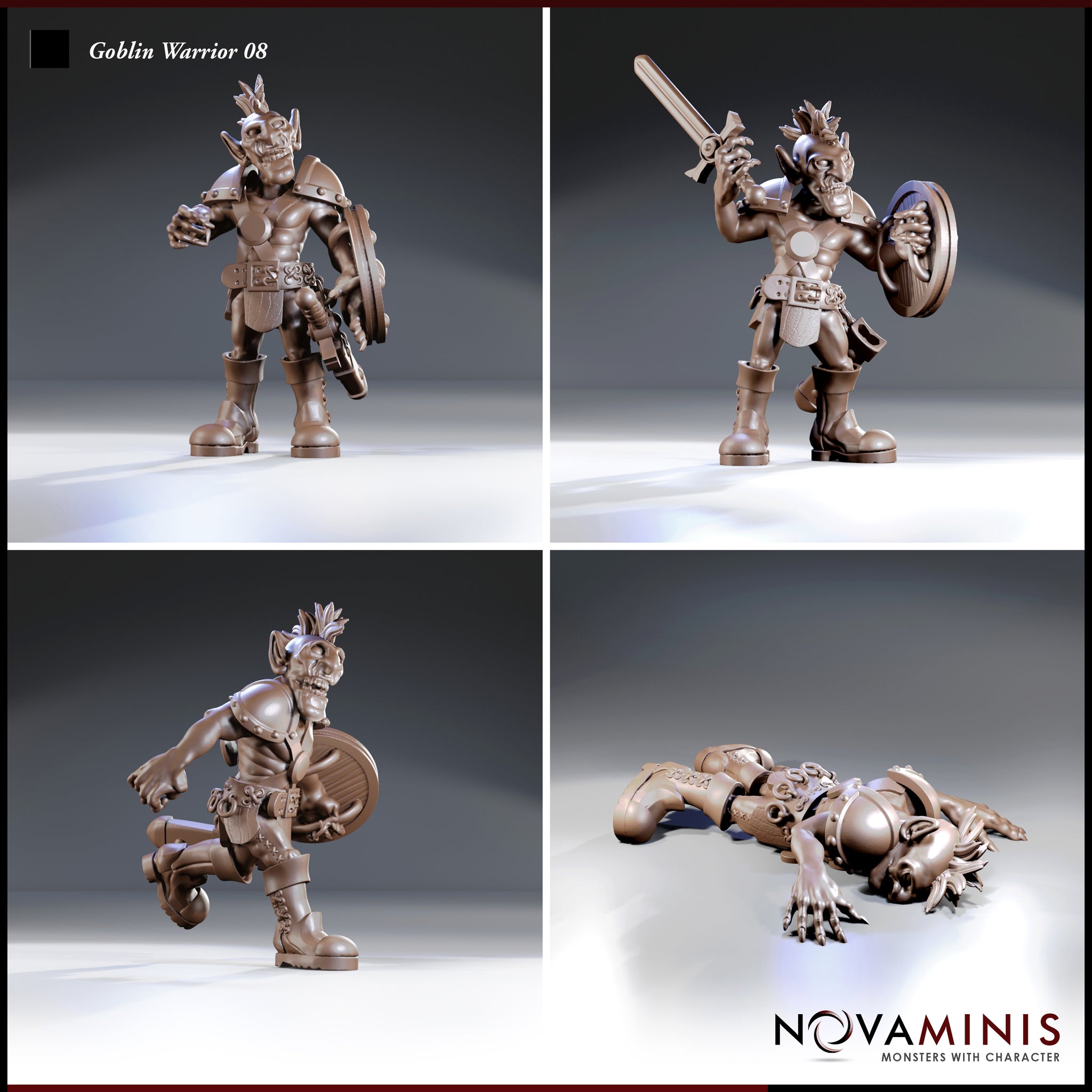 Four individual renders of the Novaminis Goblin Warrior 08 Fallen sculpt: two upright shield-bearing poses, one charging sword-raised pose, and one defeated goblin lying prone with a dented helm, claws outstretched on the ground.