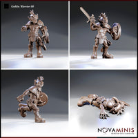 Four close-up views of the same Novaminis goblin warrior sculpt: standing shield pose, sword-overhead attacking pose, charging with shield, and a prone defeated goblin lying face-down with helmet and claws visible.
