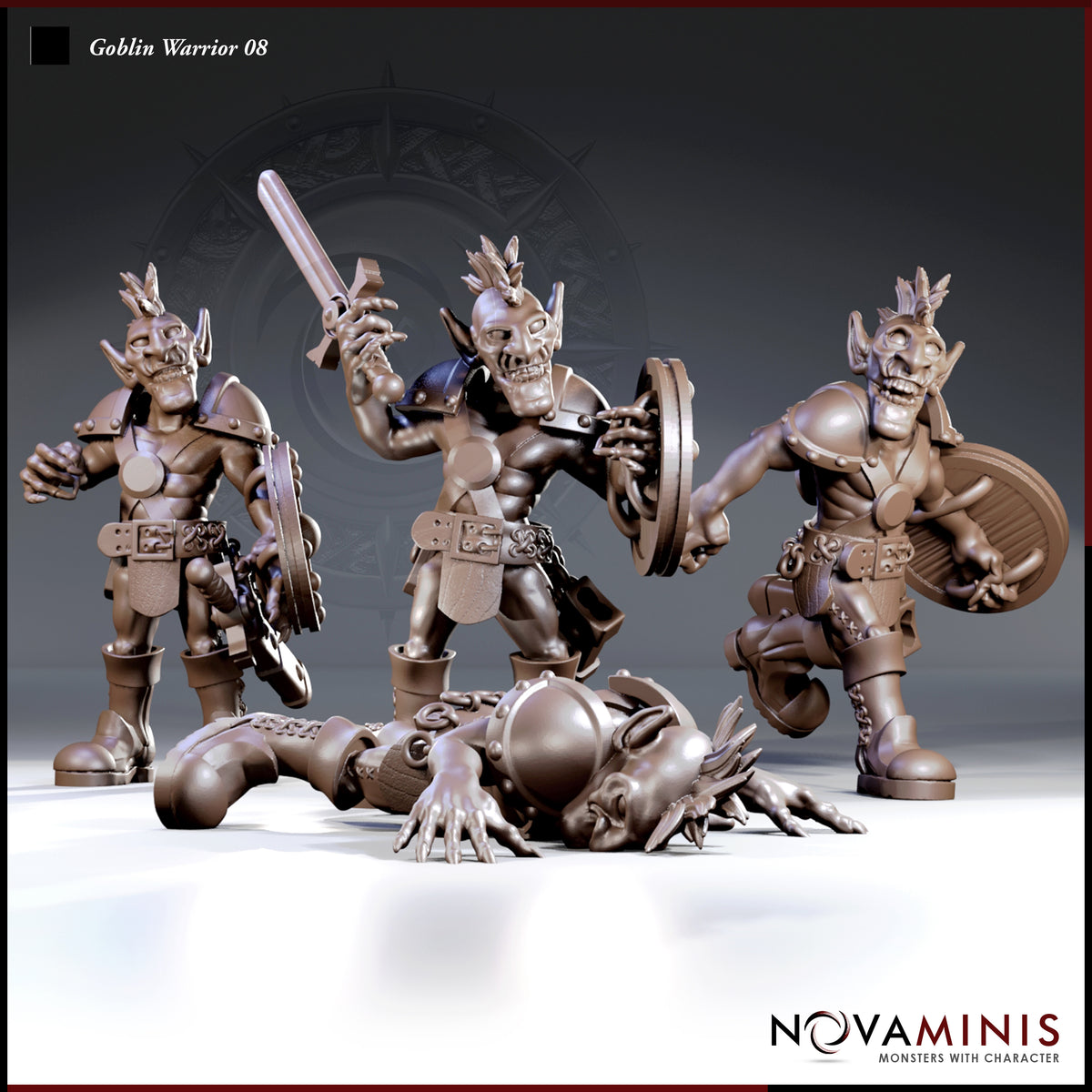 Three Novaminis goblin warrior sculpts standing with sword and shields alongside a fourth lying face-down on the ground, clawed hands splayed, feathered mohawk still raised, wearing riveted armour and an ornate belt.