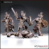 Three Novaminis goblin warrior sculpts standing with sword and shields alongside a fourth lying face-down on the ground, clawed hands splayed, feathered mohawk still raised, wearing riveted armour and an ornate belt.