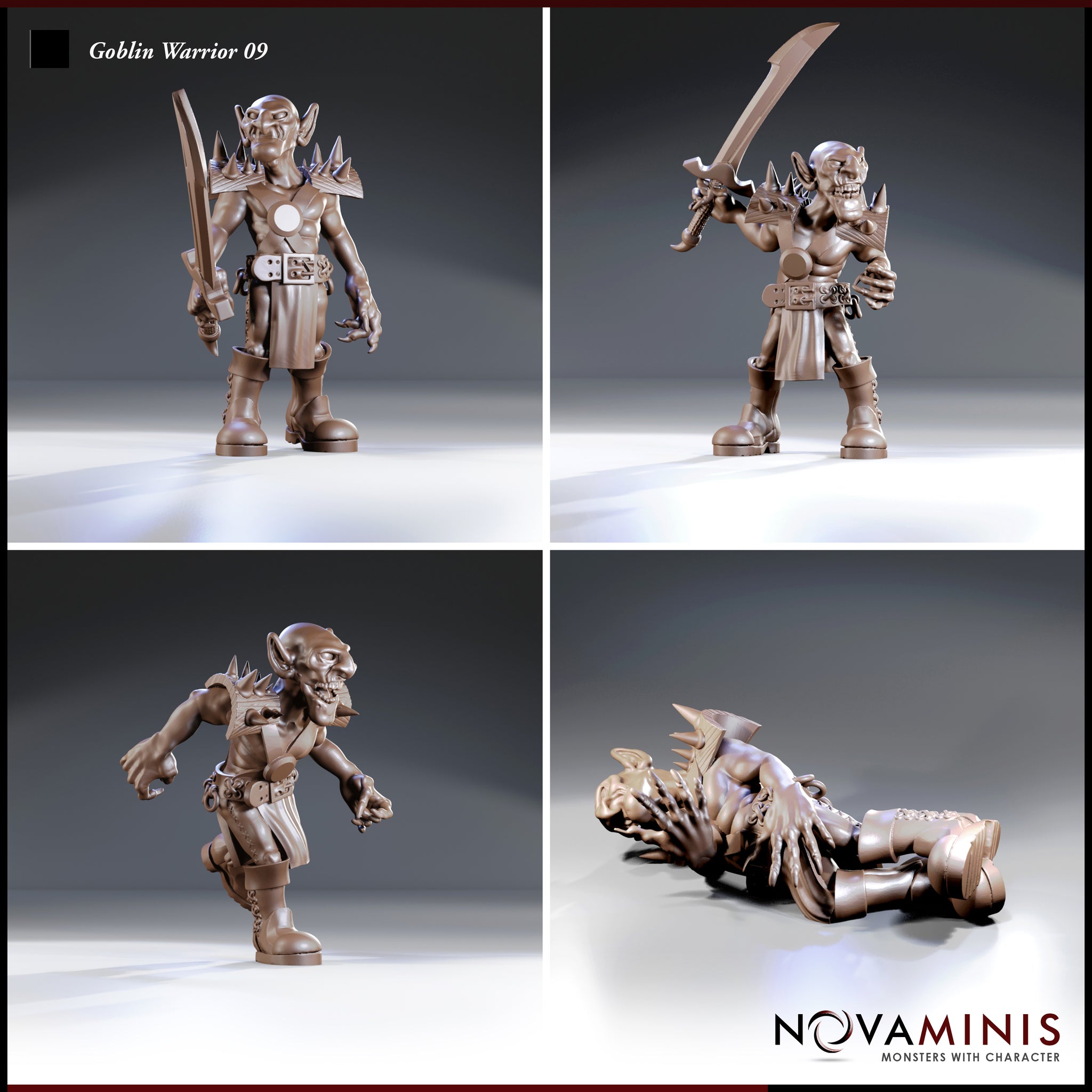 Four individual Novaminis Goblin Warrior 09 sculpts shown separately: sword-at-side pose, raised curved blade attack pose, lunging clawed charge pose, and a fallen goblin marker lying face-up.