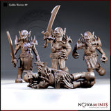 Four goblin warrior sculpts by Novaminis: one holding a short sword at rest, one raising a broad falchion overhead, one lunging forward with clawed hands, and one lying flat on the ground. All wear spiked shoulder armour and studded belts.