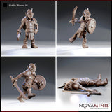 Four individual renders of the Novaminis Goblin Warrior 10 — standing at ease with blade at hip, lunging with raised sword and shield, charging mid-stride with shield braced, and one prone fallen sculpt with sword beside outstretched hand.