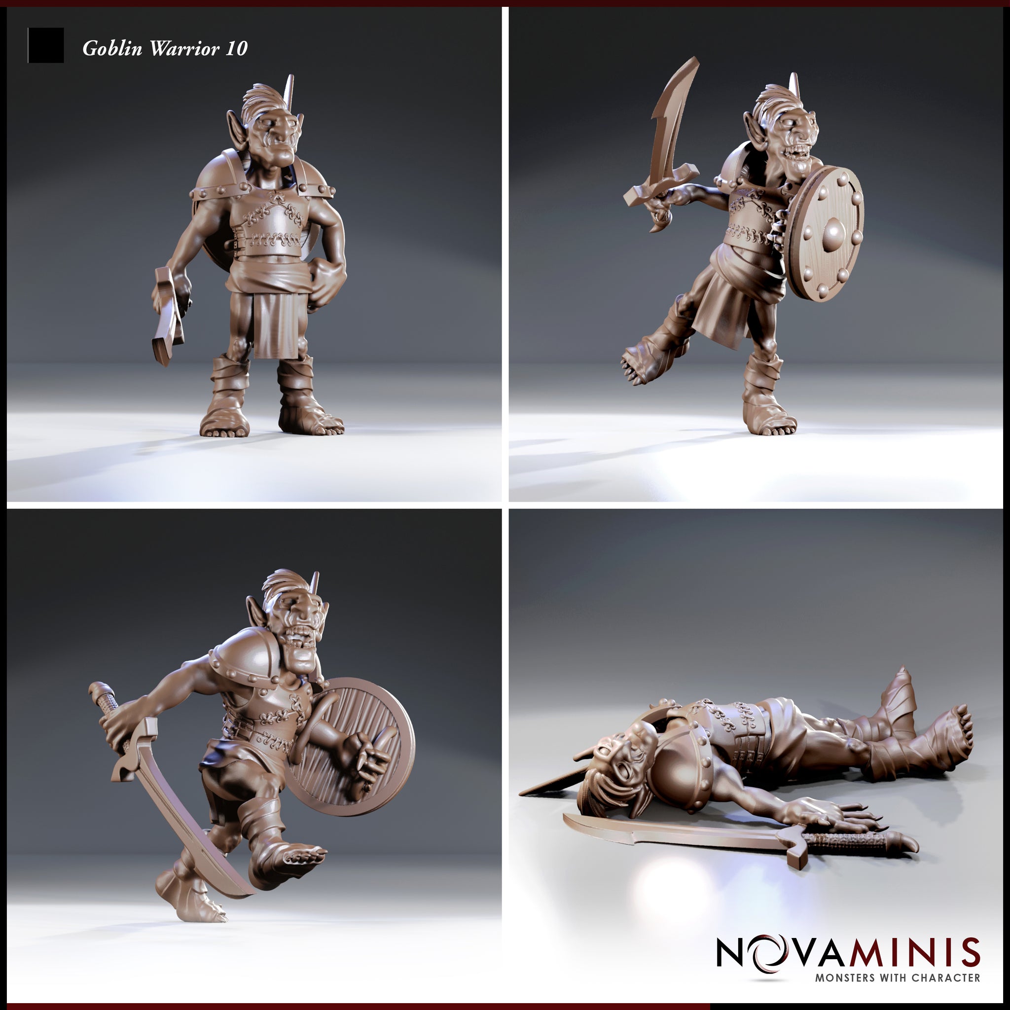 Four individual renders of the Novaminis Goblin Warrior 10 — standing at ease with blade at hip, lunging with raised sword and shield, charging mid-stride with shield braced, and one prone fallen sculpt with sword beside outstretched hand.