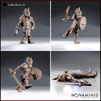 Four individual angles of the same goblin warrior series: relaxed standing pose, aggressive shield guard, lunging charge stance, and a defeated prone figure. Novaminis.