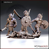 Three standing goblin warrior sculpts and one fallen goblin token by Novaminis — each wearing riveted leather armour and belted tunic, armed with short swords and round bossed shields in varied combat stances.