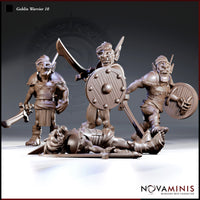 Three standing goblin warrior sculpts and one fallen goblin token by Novaminis — each wearing riveted leather armour and belted tunic, armed with short swords and round bossed shields in varied combat stances.