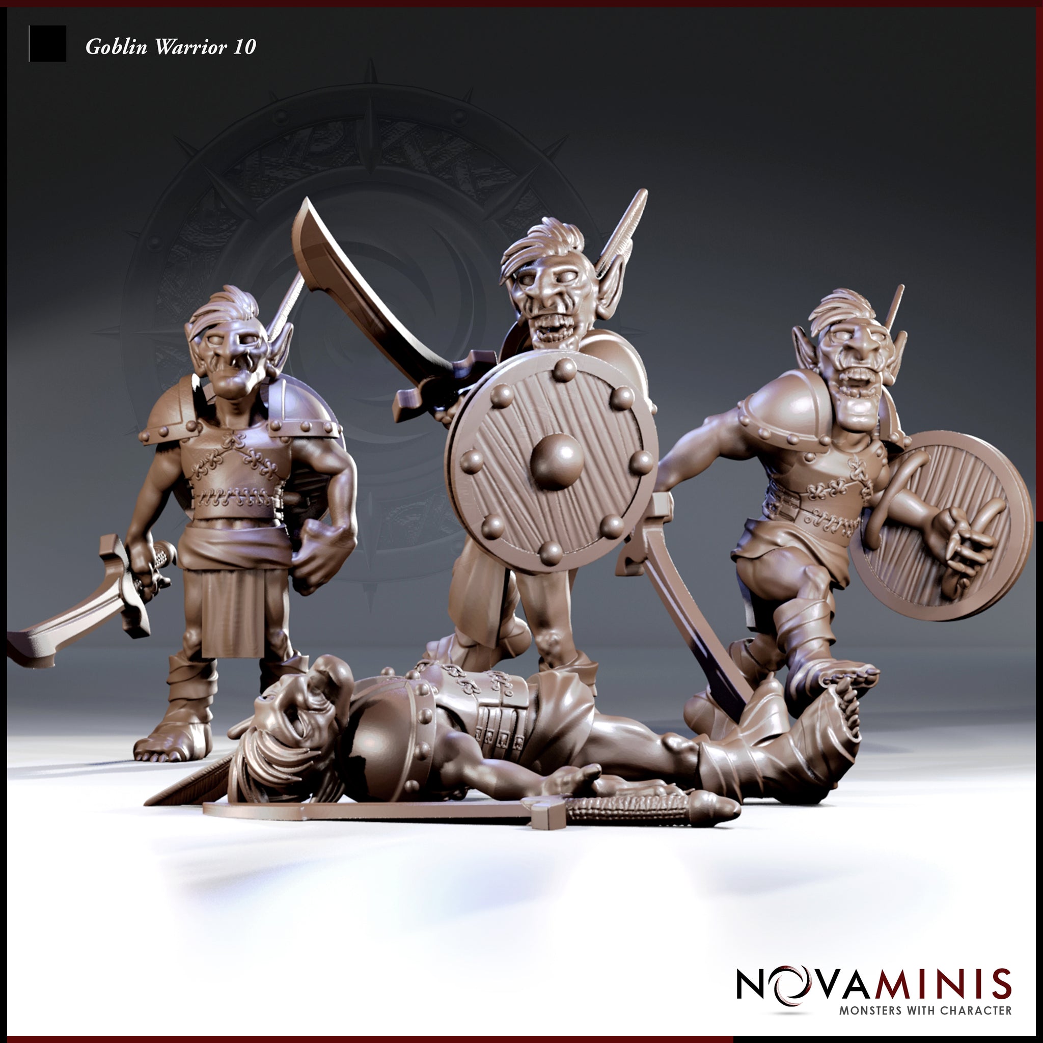 Three goblin warrior miniatures grouped together — two standing with sword and round shield, one fallen flat on its back with sword dropped nearby. All wear riveted leather armour. Sculpts by Novaminis.