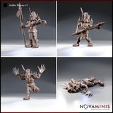 Four views of individual goblin warrior sculpts by Novaminis: spear-bearer holding a feathered shaft, stocky warrior gripping a club two-handed, screaming berserker with both arms flung wide, and a prone fallen goblin lying flat with claws splayed.