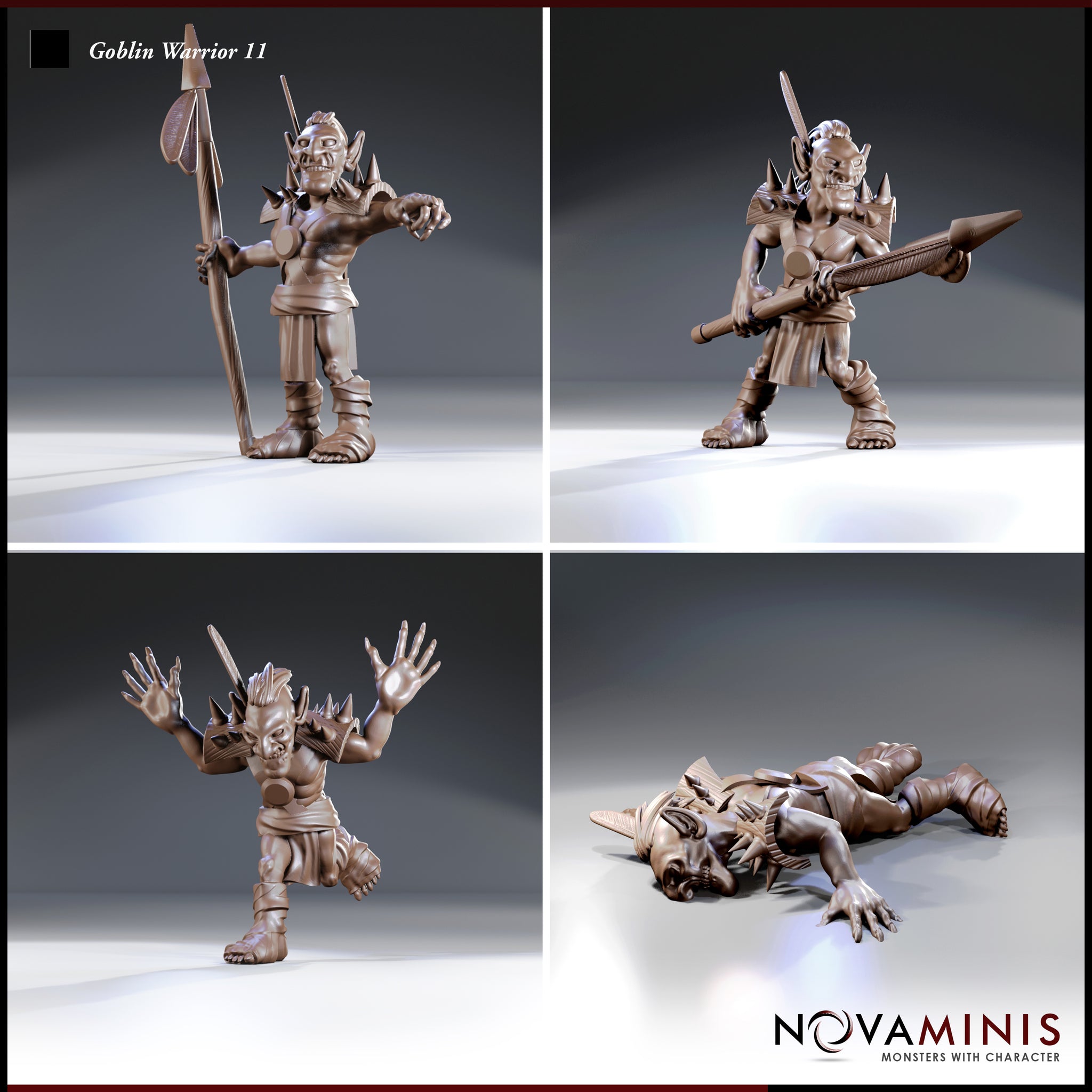 Four views of individual goblin warrior sculpts by Novaminis: spear-bearer holding a feathered shaft, stocky warrior gripping a club two-handed, screaming berserker with both arms flung wide, and a prone fallen goblin lying flat with claws splayed.