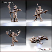 Four individual renders of a Novaminis goblin warrior: standing with a feathered spear, charging low with a heavy club, leaping arms-outstretched with a sword, and one prone flat on the ground face-down.