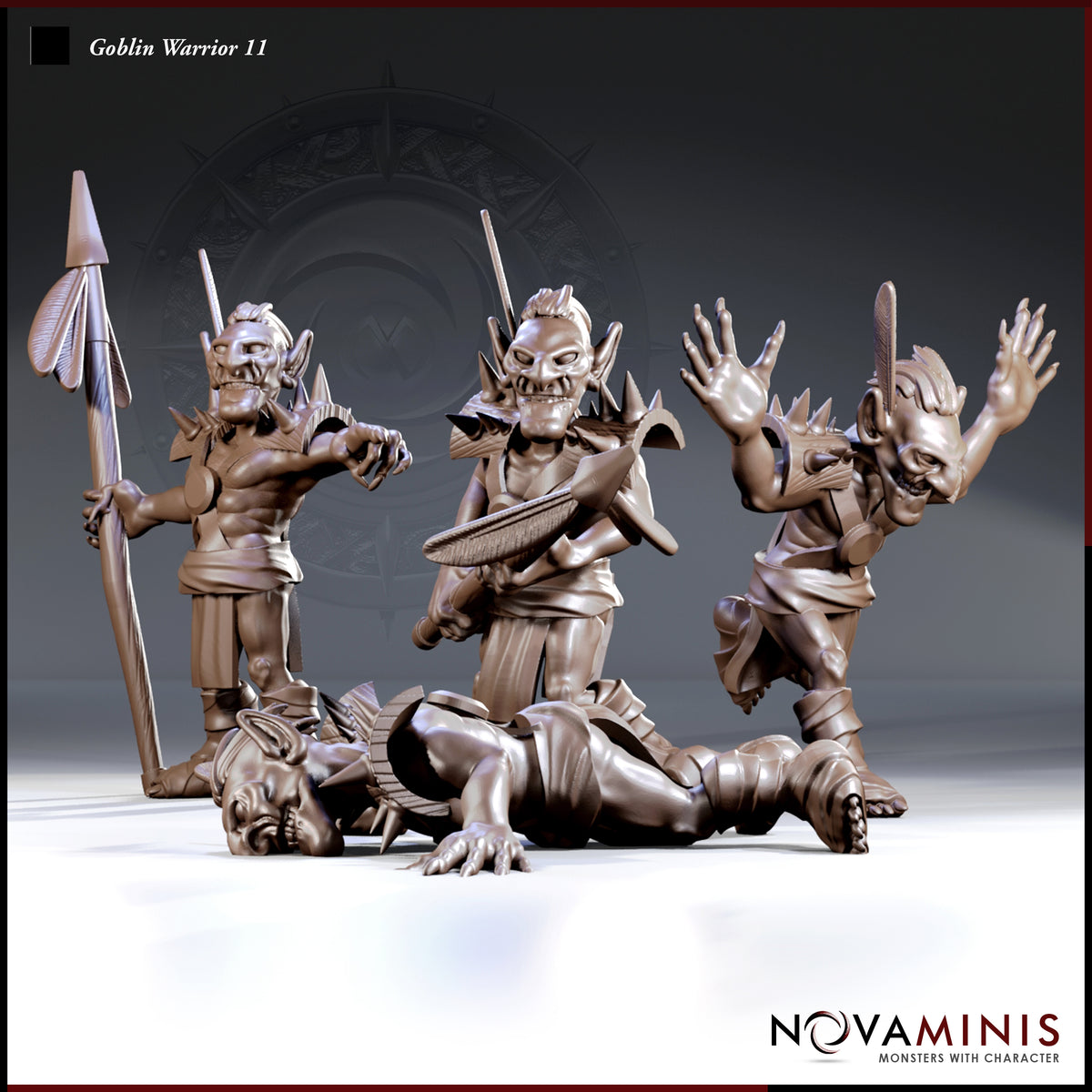 Three goblin warrior miniatures grouped together: a spear-bearer standing upright in spiked armour, a wide-eyed berserker with arms outstretched and a short sword, and a fallen goblin face-down on the ground. Sculpts by Novaminis.
