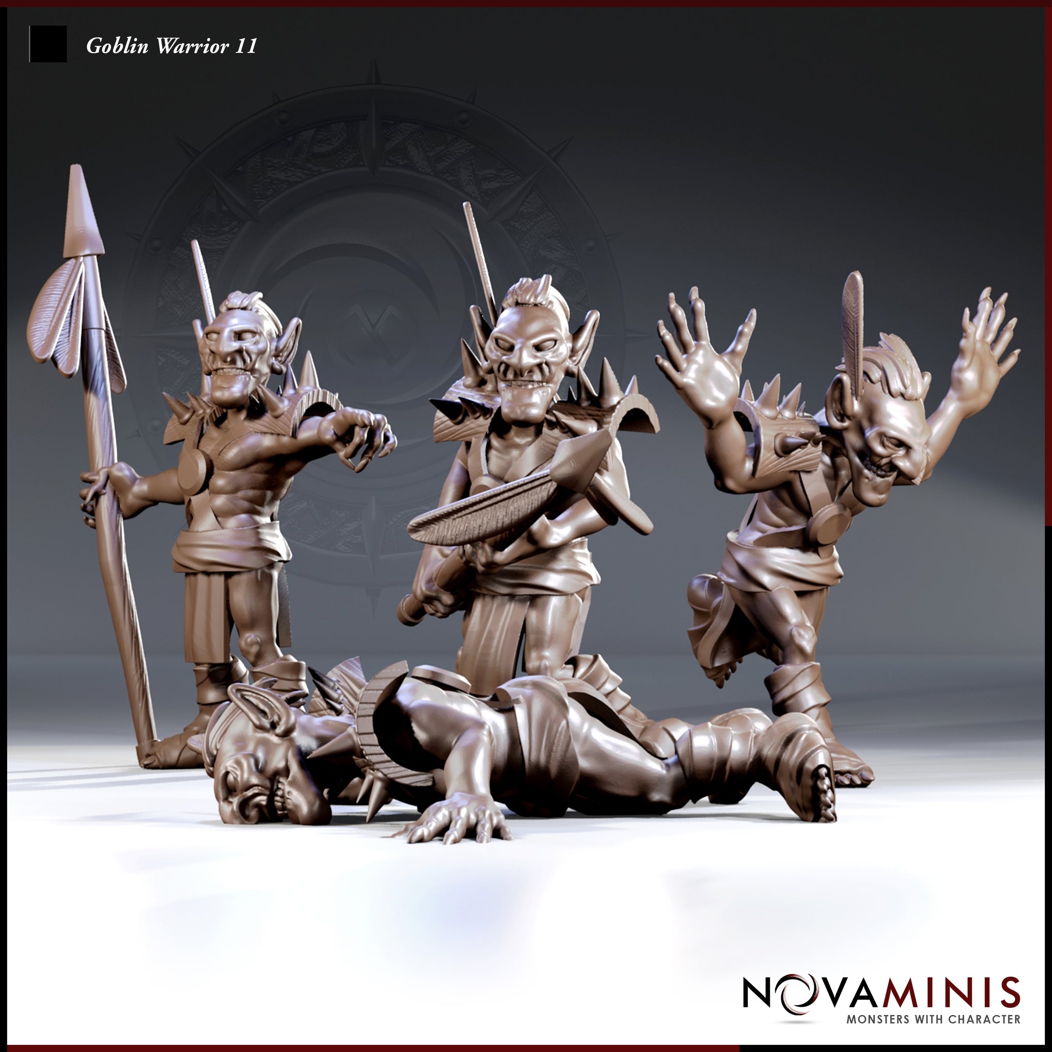 Three goblin warrior sculpts by Novaminis side by side: a spear-bearer standing tall, a shield-and-blade attacker crouching forward, and a wild-armed charger with sword raised, plus a prone fallen goblin casualty marker at their feet.