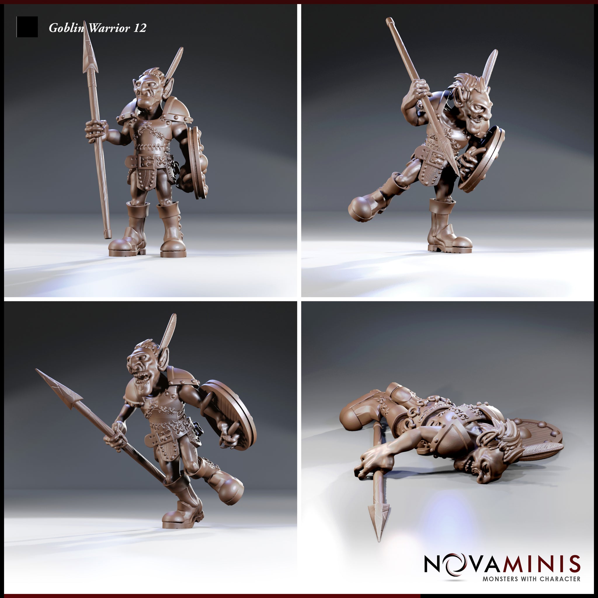 Four individual renders of the same goblin warrior sculpt — standing with spear at rest, lunging forward with spear raised, charging with shield up, and a separate fallen armoured human warrior seen from above. Sculpt by Novaminis.