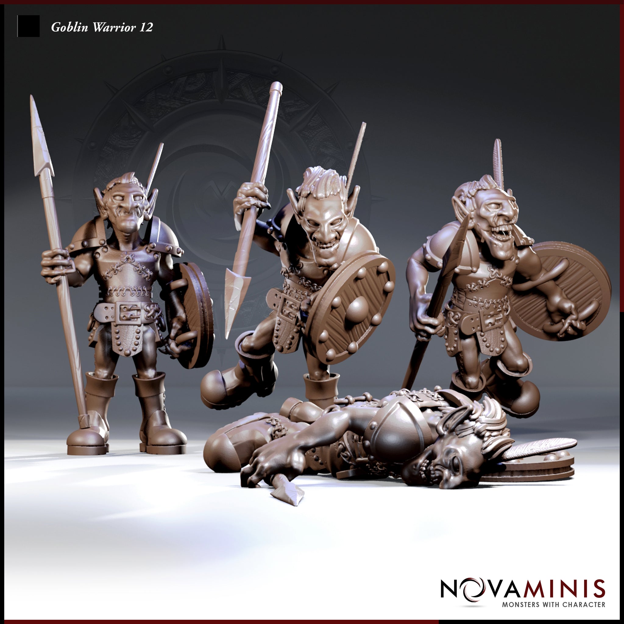Three goblin warrior miniatures by Novaminis: one standing with spear at rest, one charging forward with spear raised, one advancing with shield forward; a fallen armoured dwarf figure lies at their feet.