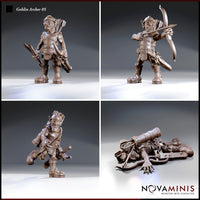 Four individual renders of the Novaminis Goblin Archer 05 Fleeing sculpt: standing with crossbow, drawing a longbow, running with a blade, and a separate prone body scatter piece with clawed hands and a cannon-like object.