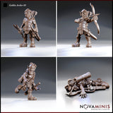 Four views of the Goblin Archer 05 sculpt by Novaminis: standing with shortbow slung, mid-draw with arrow nocked, mid-stride with short sword, and a prone goblin clutching a chained cannon, wearing patched riveted plate and a grinning expression throughout.