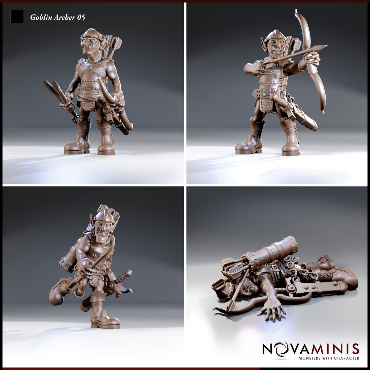 Four-panel render of Novaminis Goblin Archer 05: goblin with crossbow and quiver; goblin drawing longbow at full extension; goblin mid-stride gripping a spear; close view of the fallen goblin terrain piece.