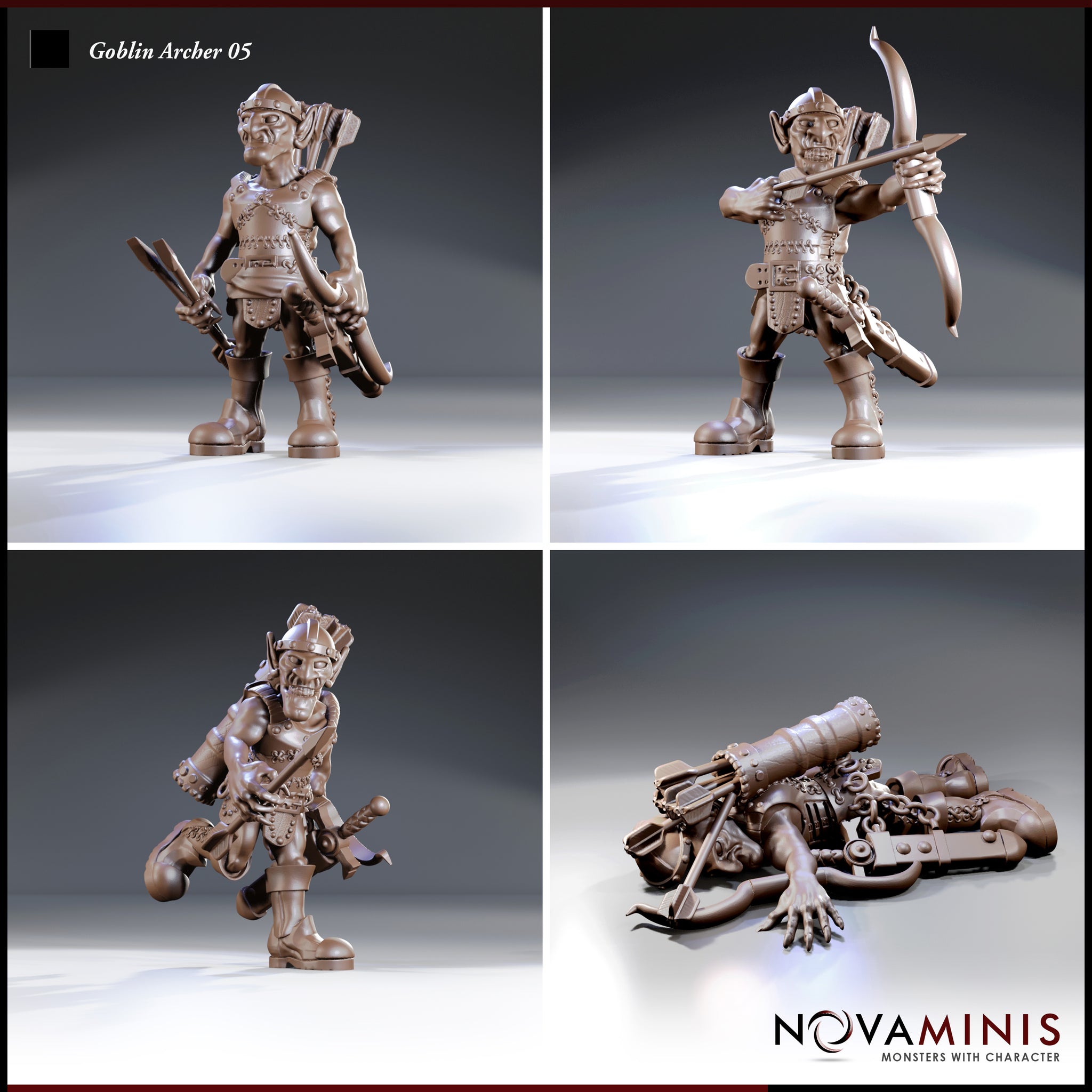 Four-panel render of Novaminis Goblin Archer 05: goblin with crossbow and quiver; goblin drawing longbow at full extension; goblin mid-stride gripping a spear; close view of the fallen goblin terrain piece.