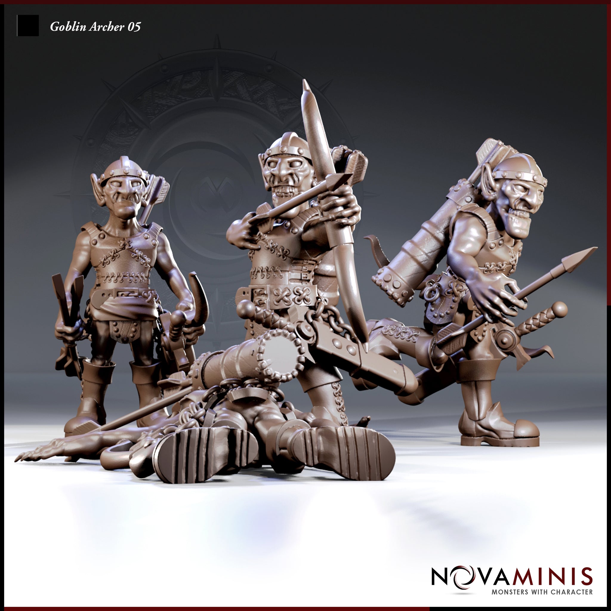 Three goblin archer miniatures from Novaminis shown together: one standing with a crossbow and unsheathed dagger, one seated drawing a longbow, and one mid-stride clutching a spear-like weapon, all wearing patchwork armour and helmets.