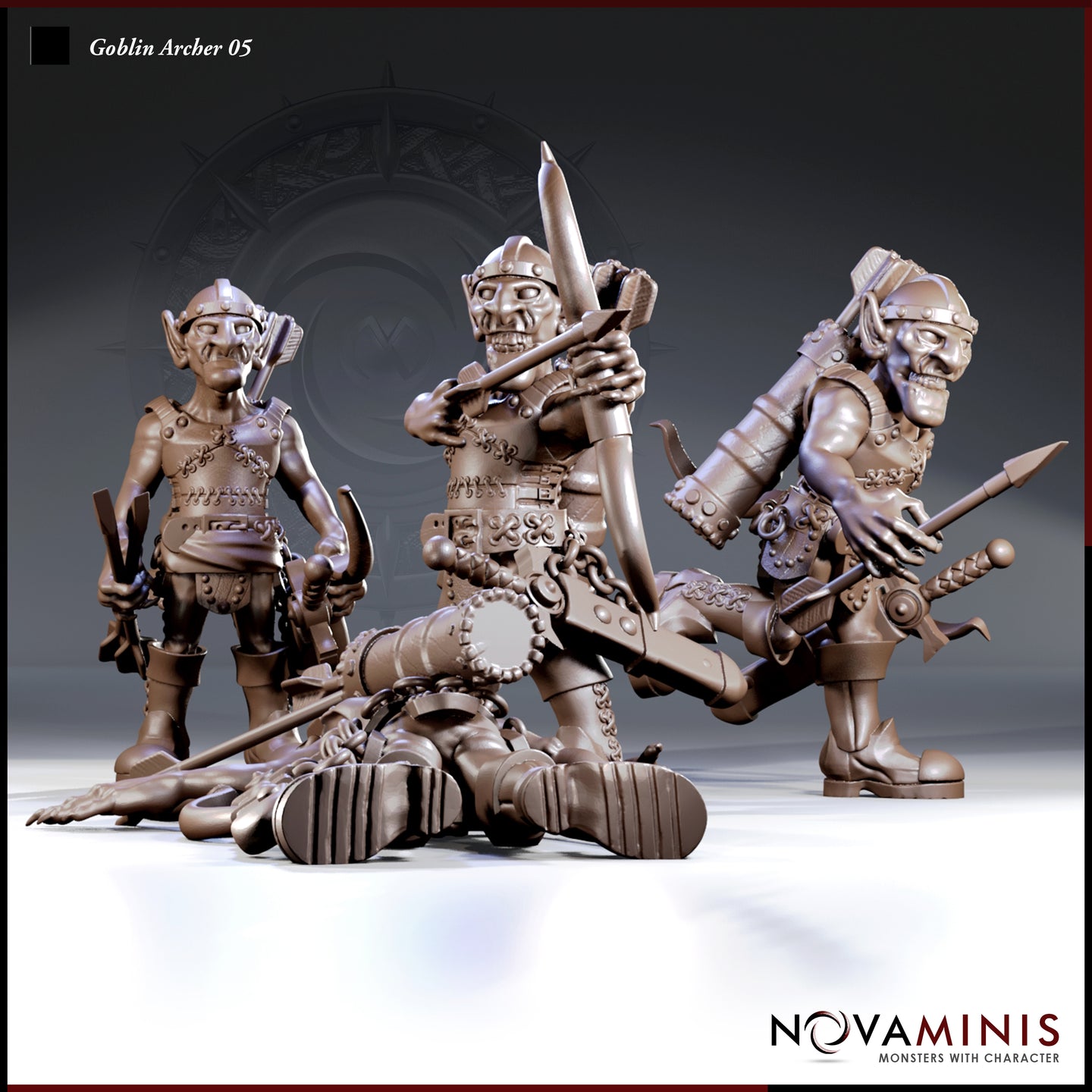 Three goblin archer sculpts by Novaminis displayed together: a standing goblin with blades and back quiver, a seated goblin drawing a longbow in heavy chain armour, and a striding goblin gripping a mace, with a fallen goblin and large mechanical weapon piece in the foreground.