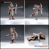 Four individual views of Novaminis goblin archer sculpts: spiked-pauldron standing archer, dynamic one-legged lunging pose with bow drawn, wide-stance unarmed goblin mid-stride, and a fallen prone goblin with quiver and outstretched arm.