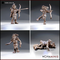 Four individual views of Novaminis goblin archer sculpts: spiked-pauldron standing archer, dynamic one-legged lunging pose with bow drawn, wide-stance unarmed goblin mid-stride, and a fallen prone goblin with quiver and outstretched arm.