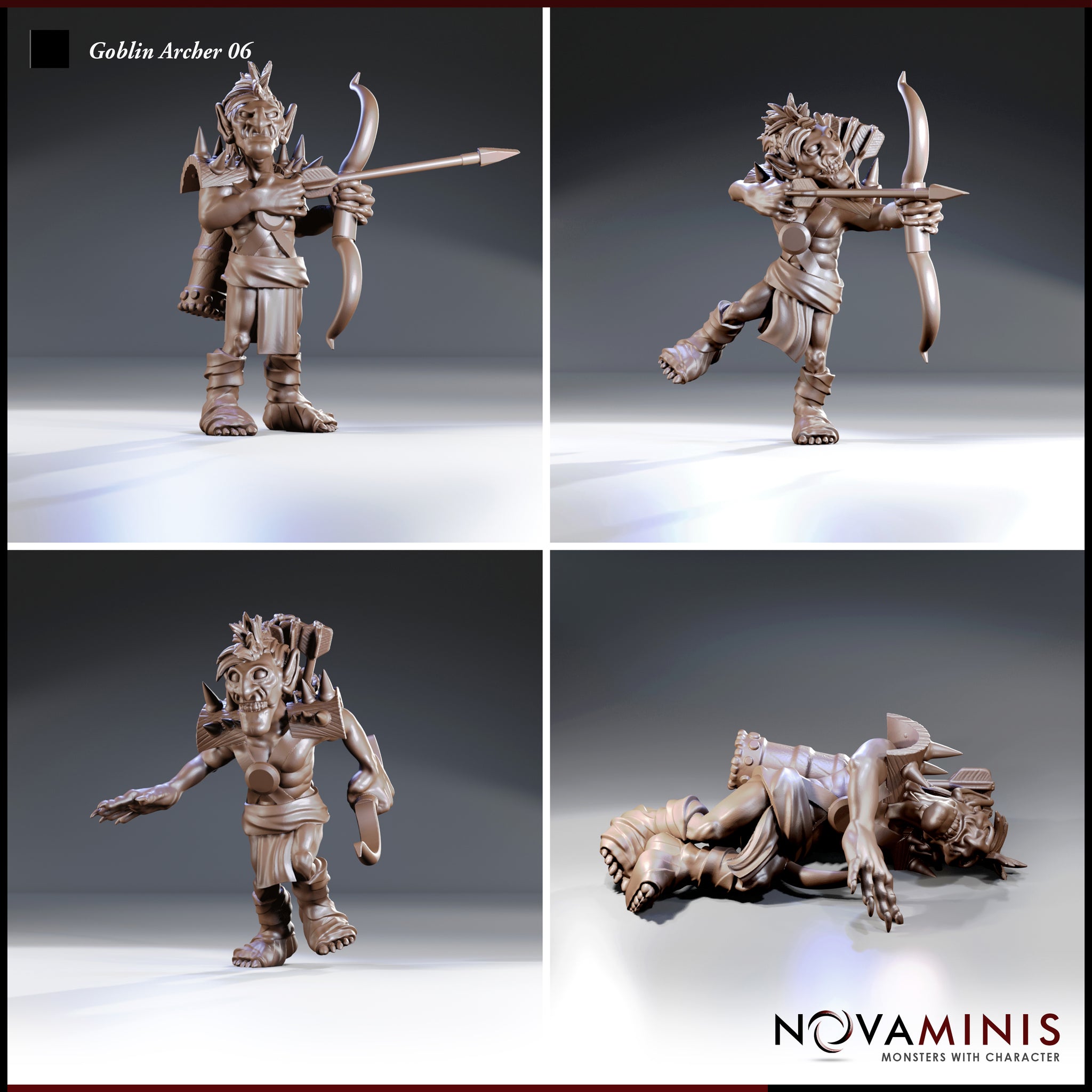 Four individual views of Novaminis goblin archer sculpts: spiked-pauldron standing archer, dynamic one-legged lunging pose with bow drawn, wide-stance unarmed goblin mid-stride, and a fallen prone goblin with quiver and outstretched arm.