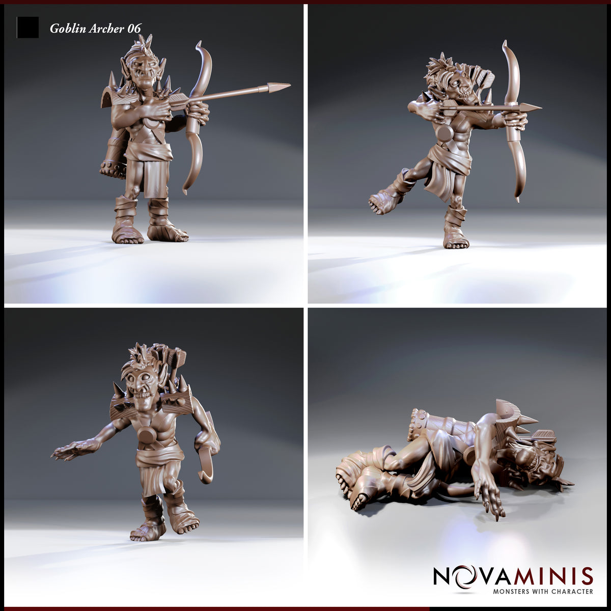 Four-panel render of a single Novaminis goblin archer: standing with arrow drawn, crouching with bow raised, arms-out running pose, and a separate fallen downed pose with quiver scattered.